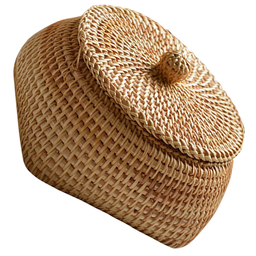 

Woven Storage Basket with Lid 13x8cm Bread Fruit Container Reusable Home Bakery Kitchen Office Smooth Surface Easy Clean