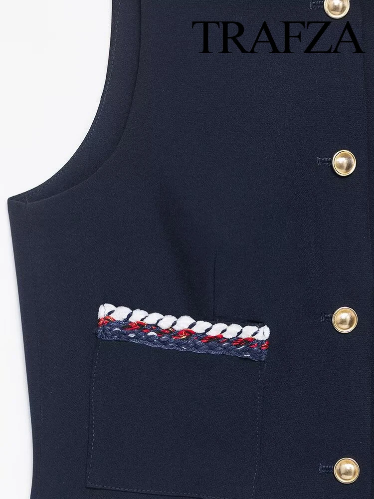 

TRAFZA Women Elegant Sleeveless O-Neck Trim Pattern Single-breasted Waistcoat+Casual Zipper High Street Pockets Shorts Suit