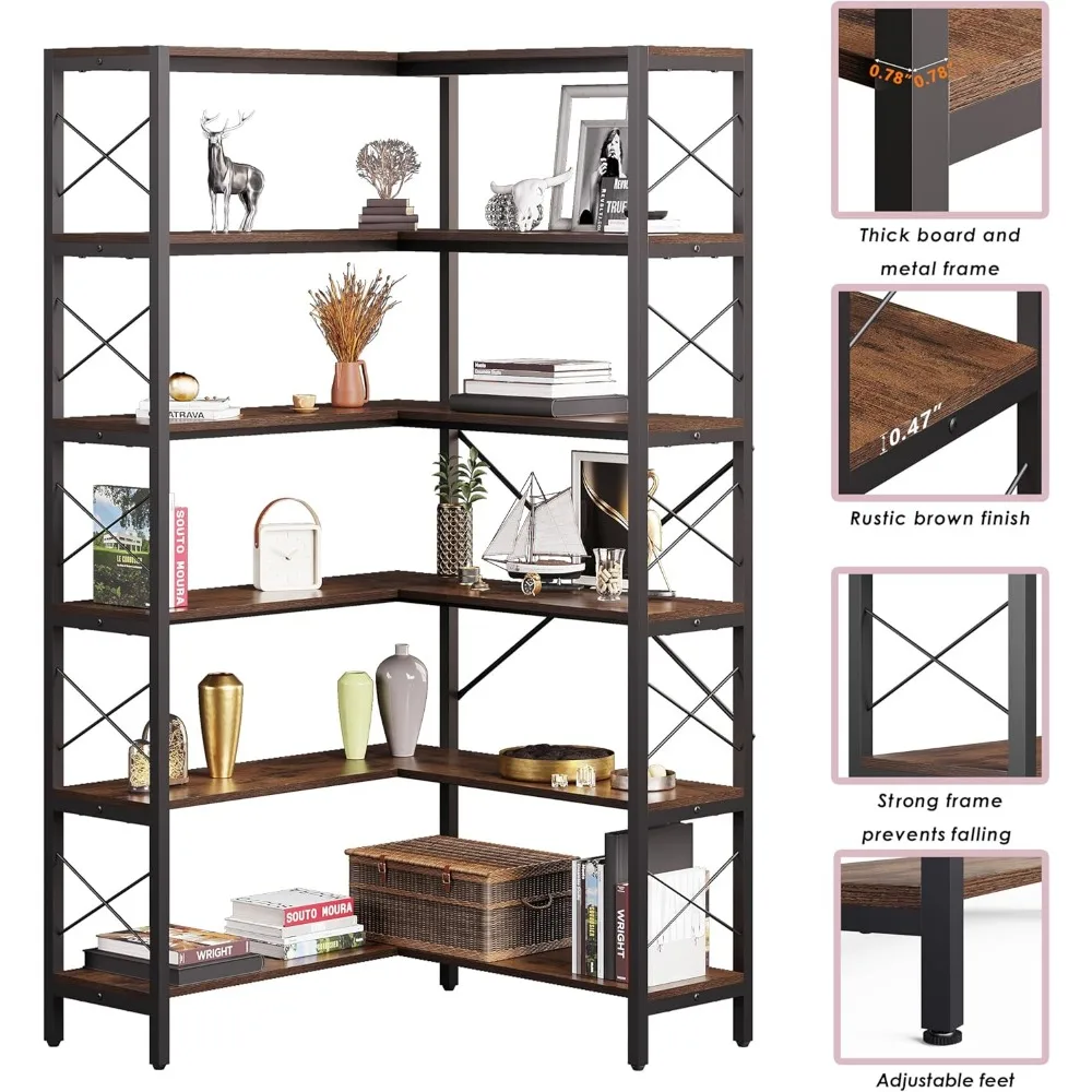 Libreria a L a 6 ripiani in stile industriale con struttura in metallo per ufficio domestico e ampio spazio di archiviazione