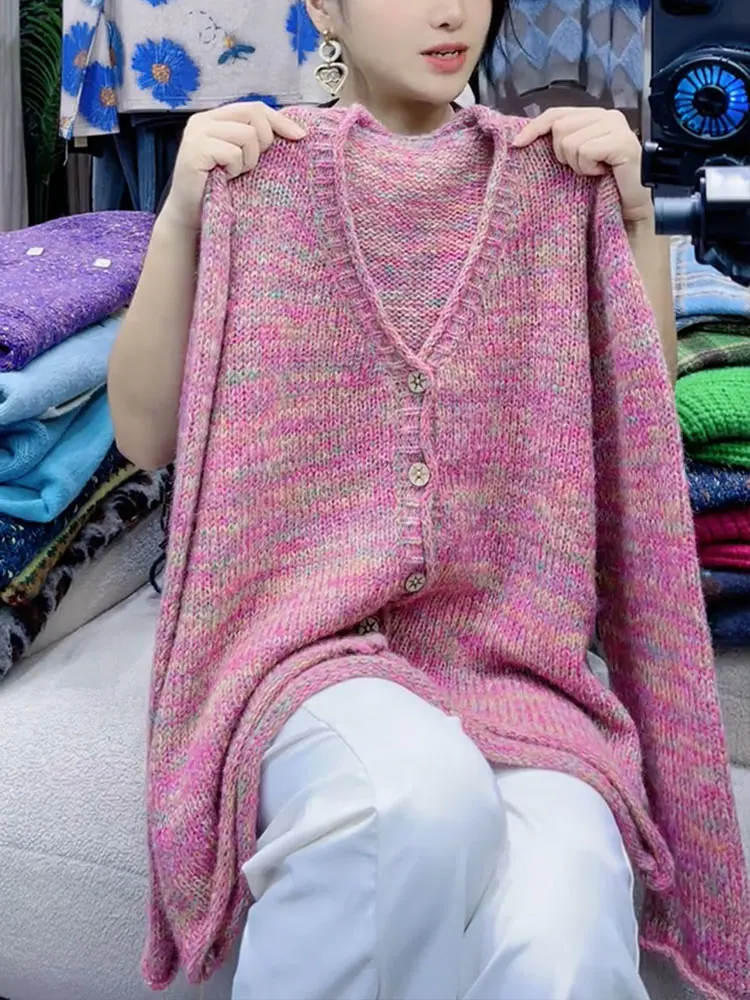 

Sli V-Ne Knitwear Faionable Mixed Yarn Beautiful Large Size Meat Concealing Open Cardigan Autumn Winter New Arrival