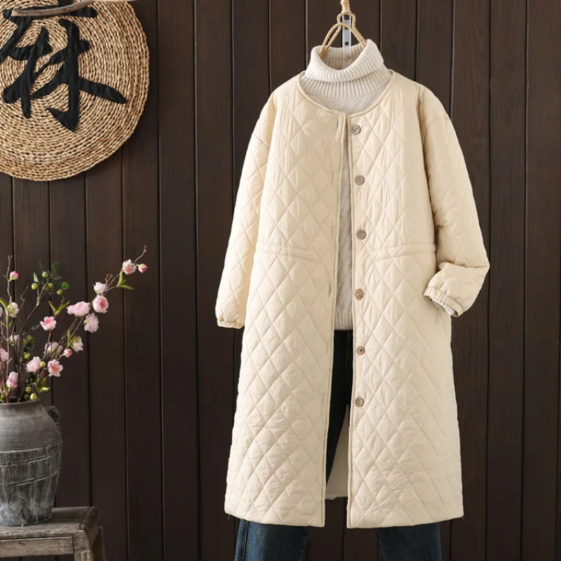 Leichter, gepolsterter Baumwoll-Jahet-Damen-Herbst-Winter-Sli-gesteppter warmer Mantel aus Baumwolle, mittellange Windjacke