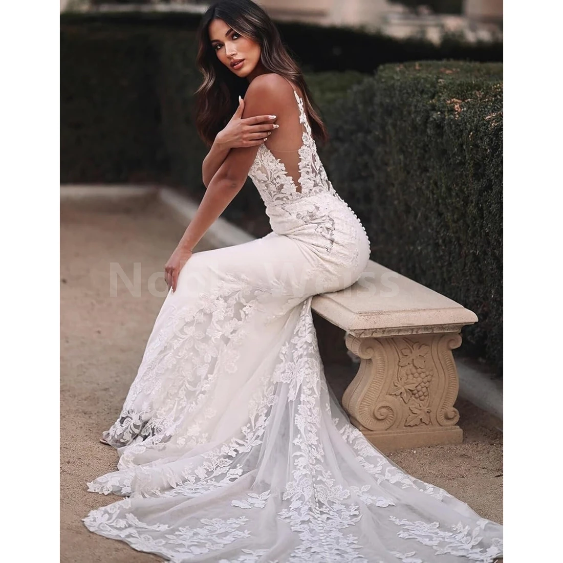 Elegant Lace Applique Sweep Train Wedding Dress for Bride Mermaid Bridal Dress Customized