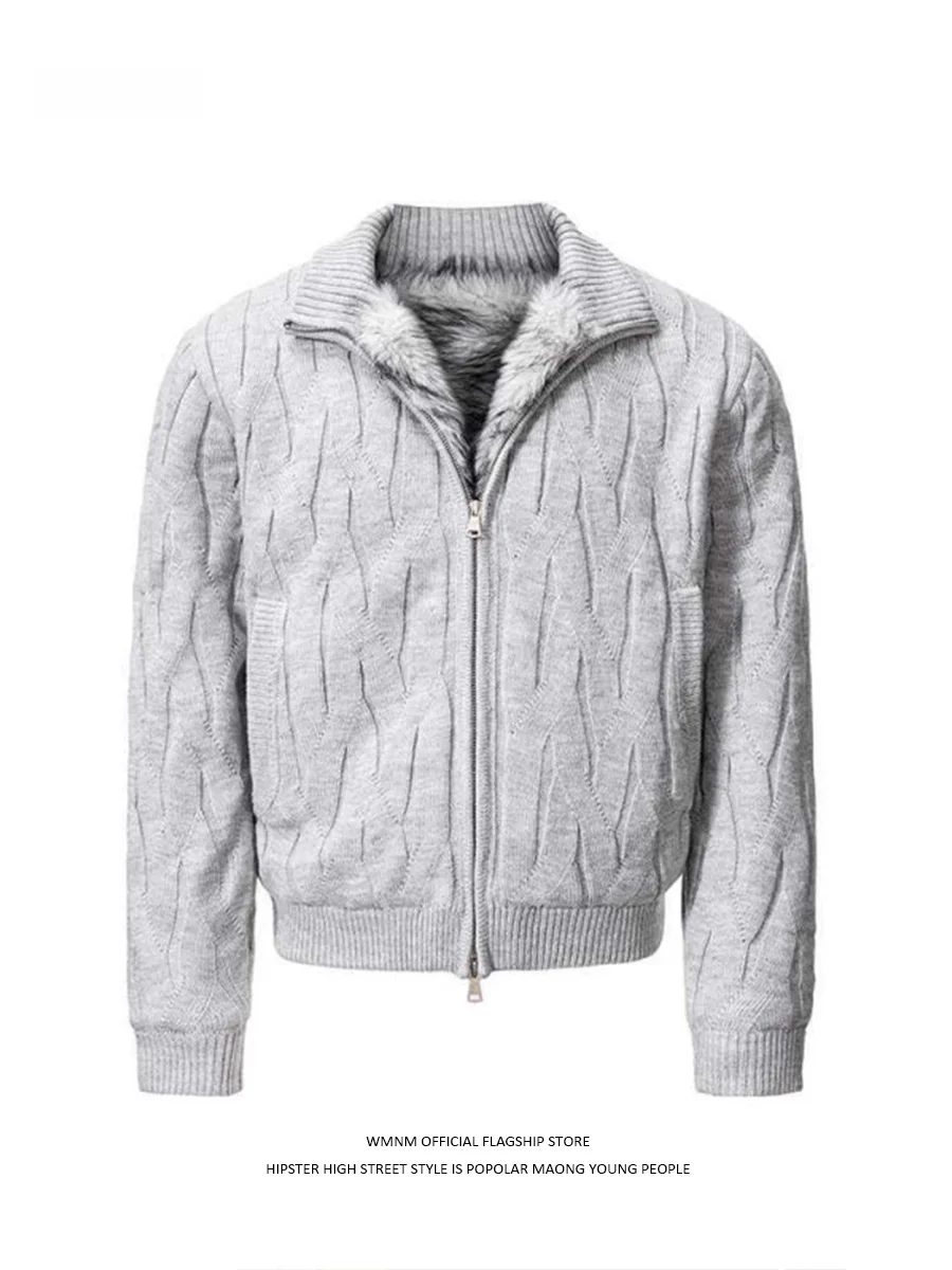 

Men's Fce Lined Knit Cardigan Sweater Thi Warm Stand Collar Inner Wear Casual Sle Winter Coat Polyester Fiber Zipper