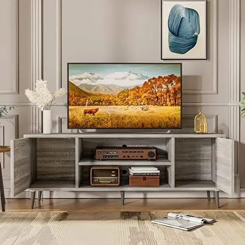 TV Stand for 65 Inch TV, Mid Century Modern TV Stand, Entertainment Center with Storage Cabinet and Open Shelves, TV