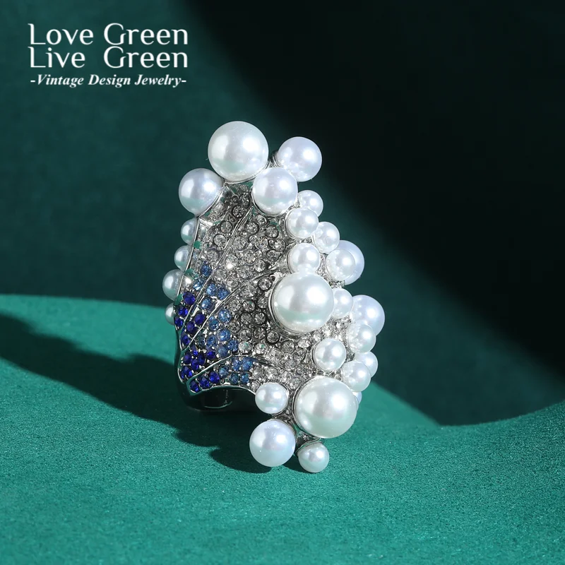 

Vintage Pearl Engagement Rings For Women Silver Color Blue Rhinestone Adjustable Luxury Jewelry Trends 2025 High Quality Wedding
