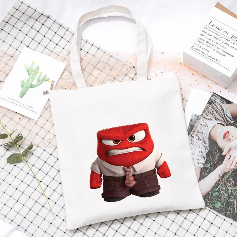 

Inside Out Themed Pattern White Shoulder Canvas Bag Student Bag Handbags Girls Foldable Bags Female Casual Shopping Totes Bags