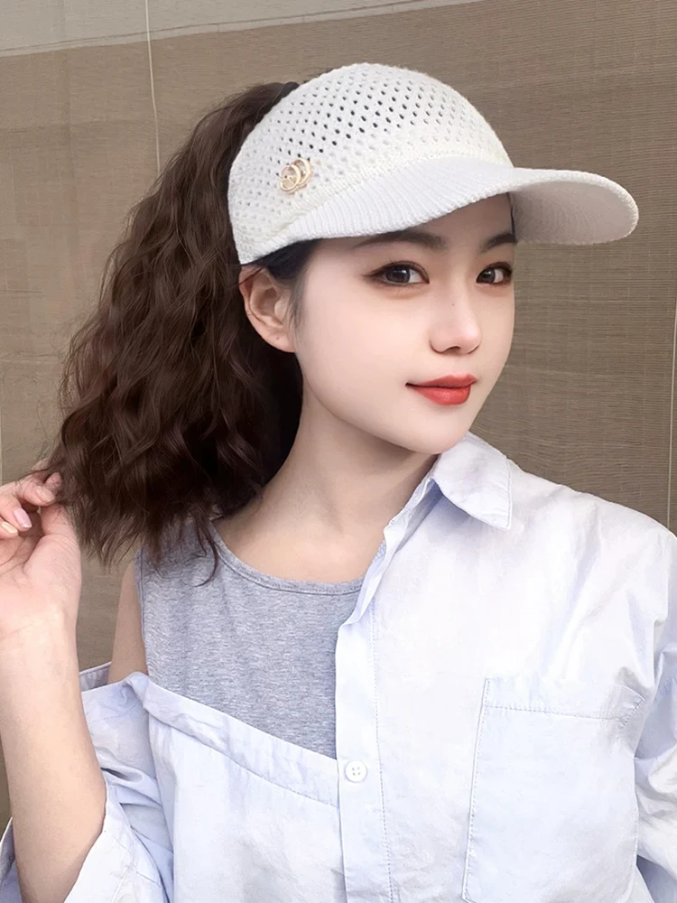 12inch Black hollow top hat corn bearded ponytail hat wig female wig heat-resistant fiber wig simple and natural to wear ﻿