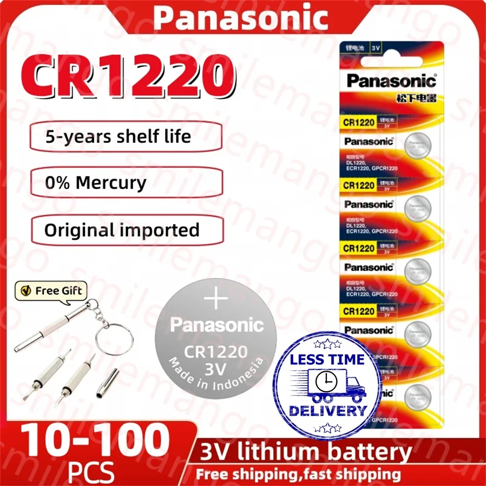 10-100pcs Panasonic CR1220 3v Lithium Battery ECR1220 GPCR1220 5012LC for Specialized Car Remote Control Watch Screwdriver Free