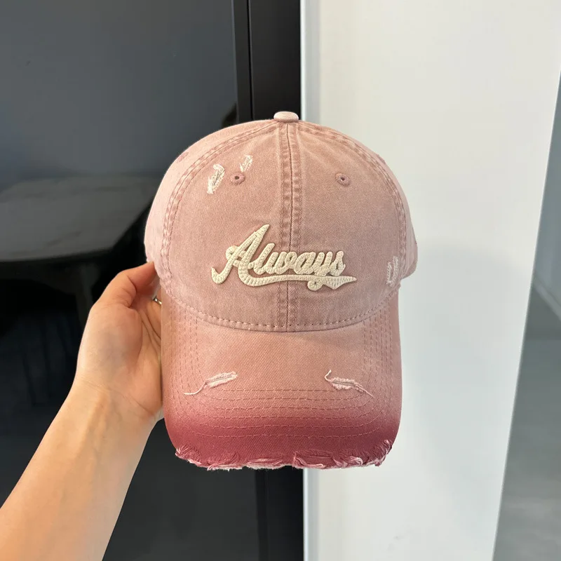 Summer Unisex Retro Pink Baseball Cap Gradient Colors Letter Embroidery Sun Hat Outdoor Solid Color Soft Duckbill Cap
