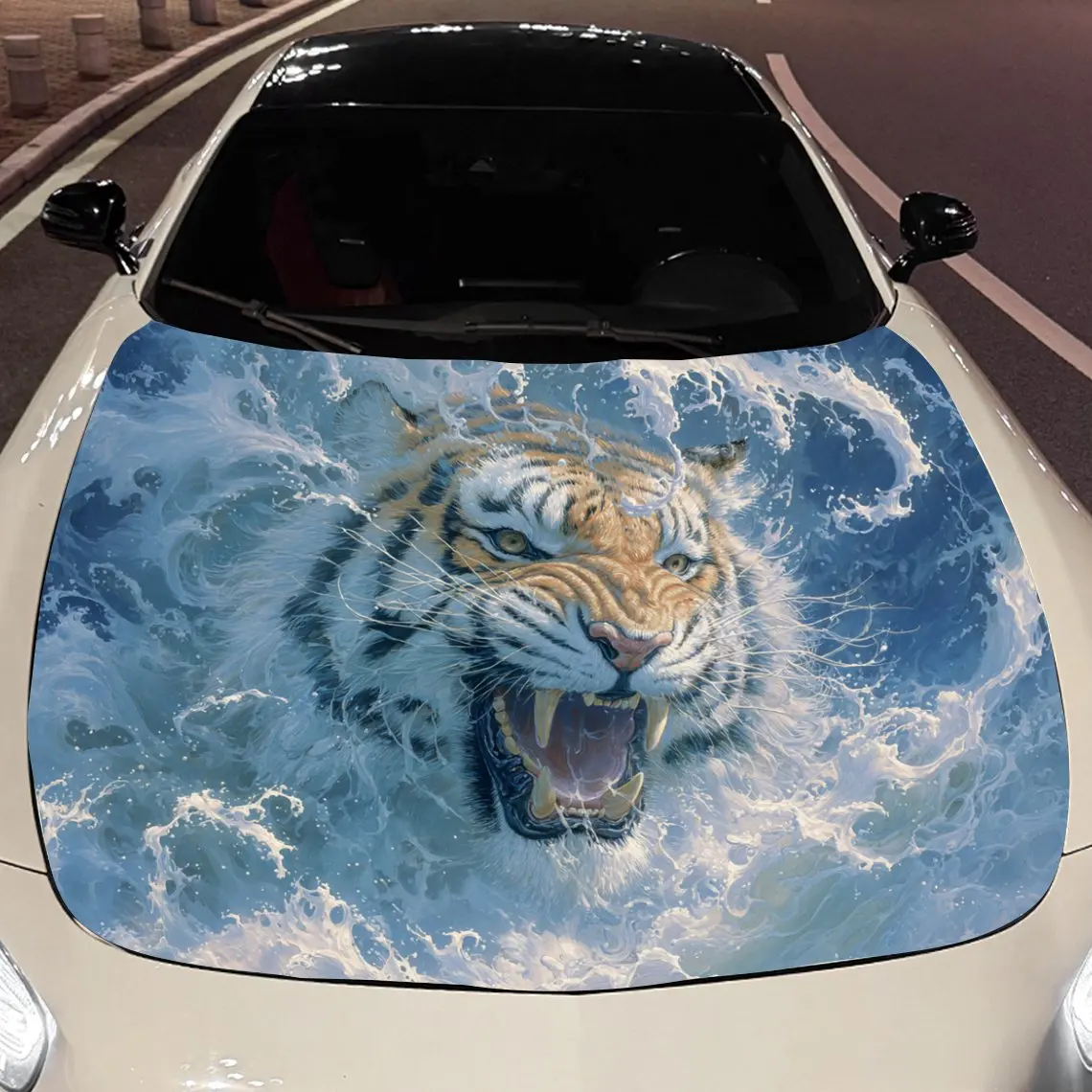 Car Decals Tigers with Bold Stripes, Roaring Expressions, and a Blue Ocean Wave - Themed Backdrop Car Hood Sticker, Waterproof S