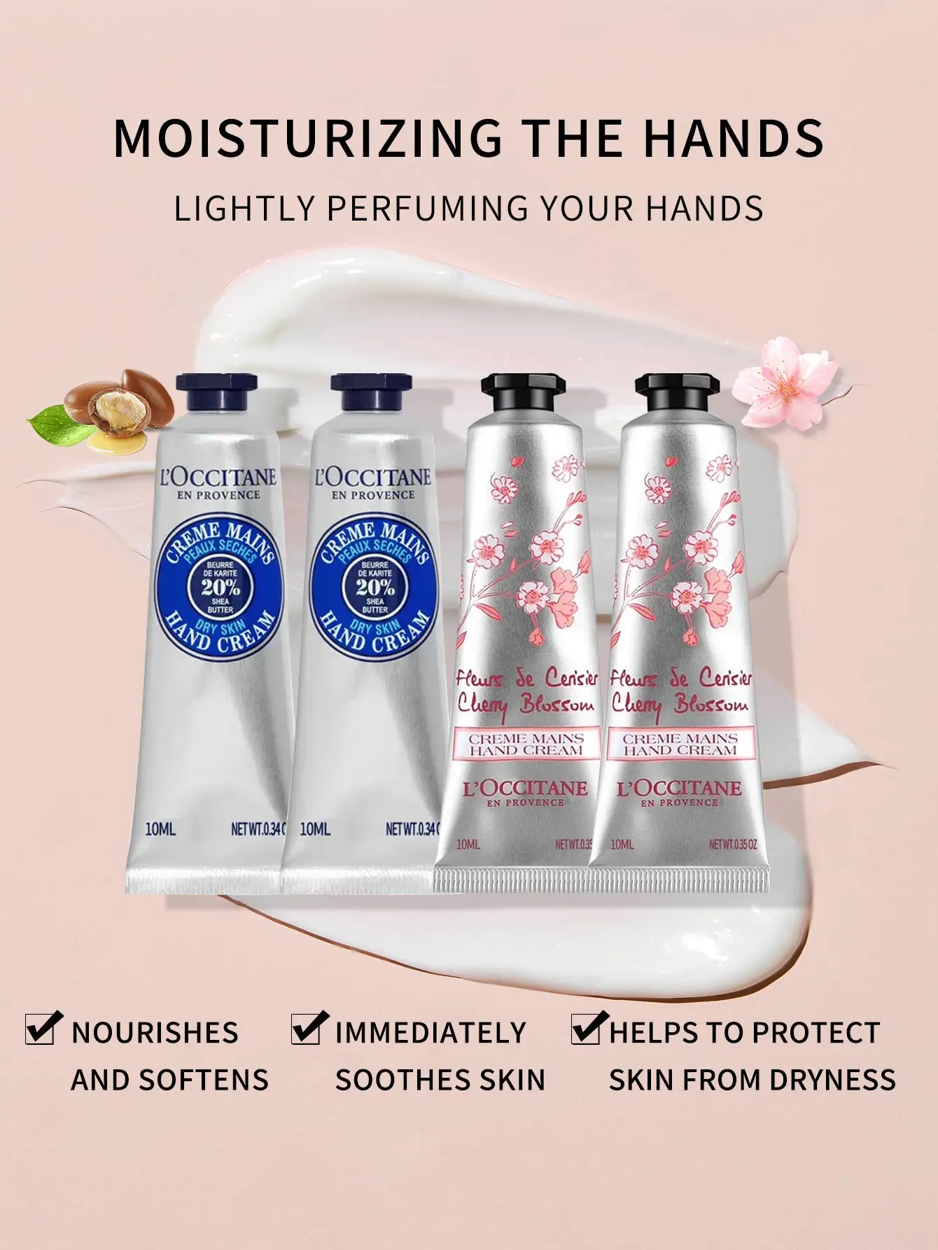 L\'Occitane en Provence Mini Hand Cream  4-Piece Set 10ml*4（Shea Butter, Cherry Blossom Iconic Scents）Moisturizing Hand Creams