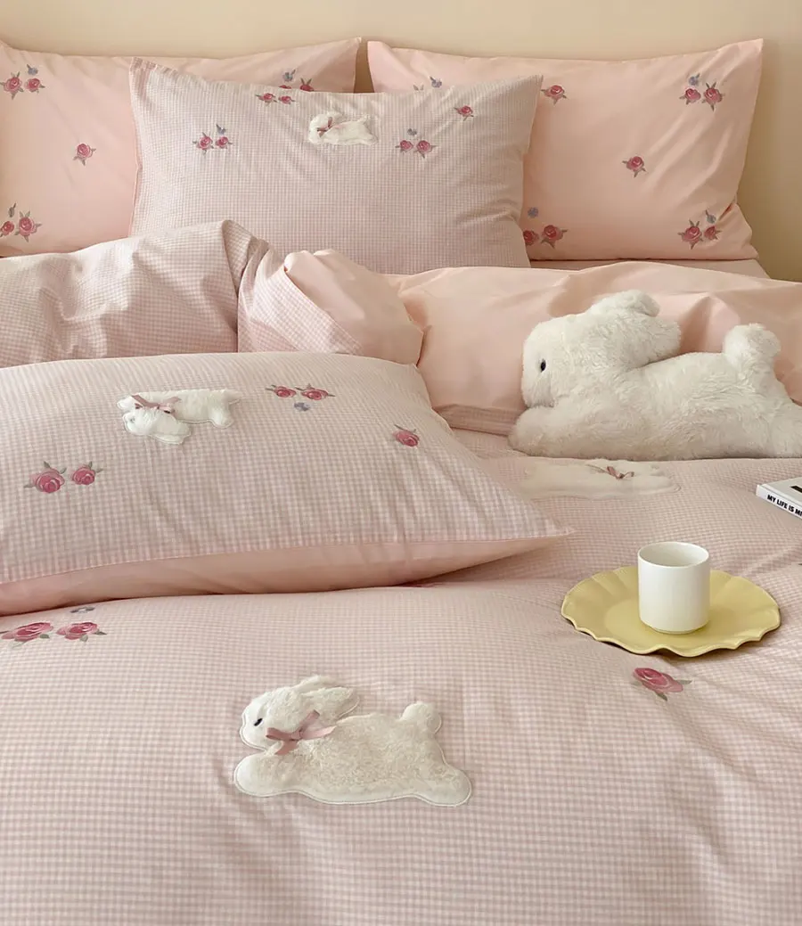 

Cute cartoon rabbit embroidery flower pink bedding set,twin full queen cotton home textile bed sheet pillow case quilt cover
