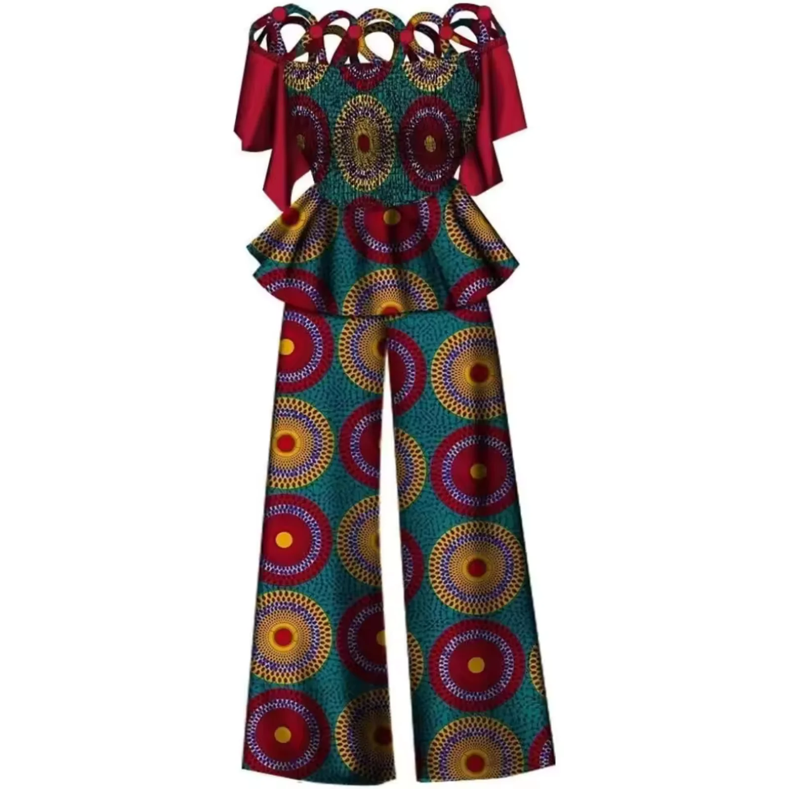 African Plus Size Breathable Woman's 2-Piece Outfit Cotton Rope Weaving Collar Smocked Tops and Long Wide Leg Pants