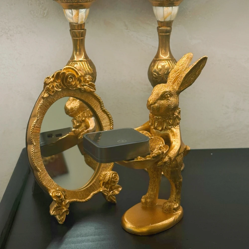 Easter Decoration 2026 Golden Rabbit Statue Bunny Figurine Tray Home Decor Luxury Dressing Table Ring Earring Storage Ornament