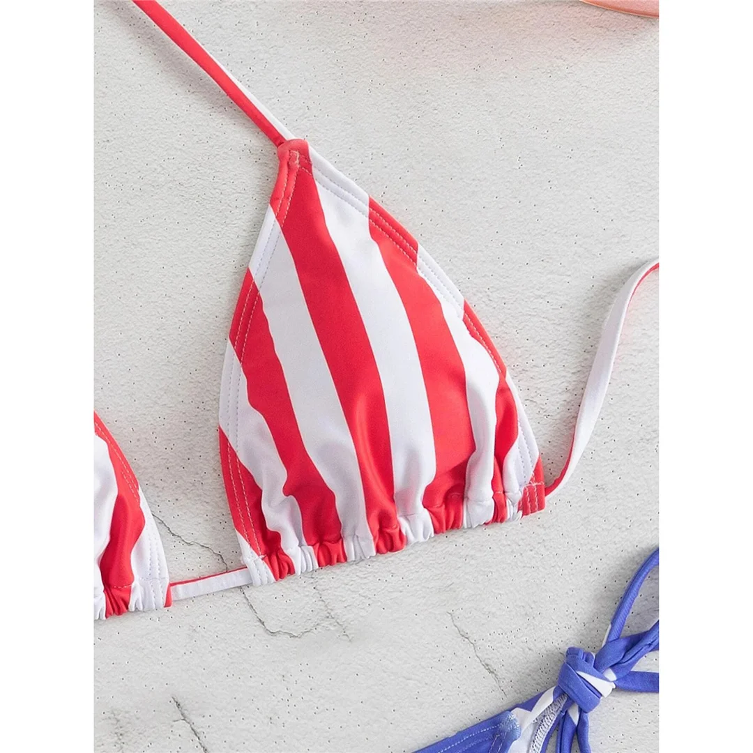 Flagge bedruckter, gestreifter Neckholder-Bikini mit hohem Beinausschnitt, Damen-Badeanzug, zweiteiliger Bikini-Set, Badebekleidung, Badeanzug, Schwimmanzug V5621 – Detail 11