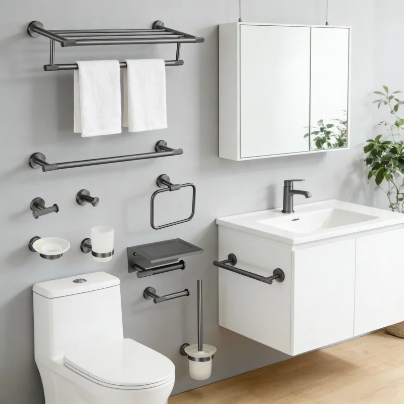 Grey Bathroom Hardware Set Accessories Kit Stainless Steel Round Wall Rack Hand Bar Toilet Roll Paper Holder Robe Towel Hook