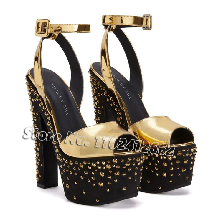 

Sexy Rivet Gold Patent Leather Sandals Open Toe Chunky Platform Buckle Strap 17cm High Heels Summer Party Nightclub Women Shoes