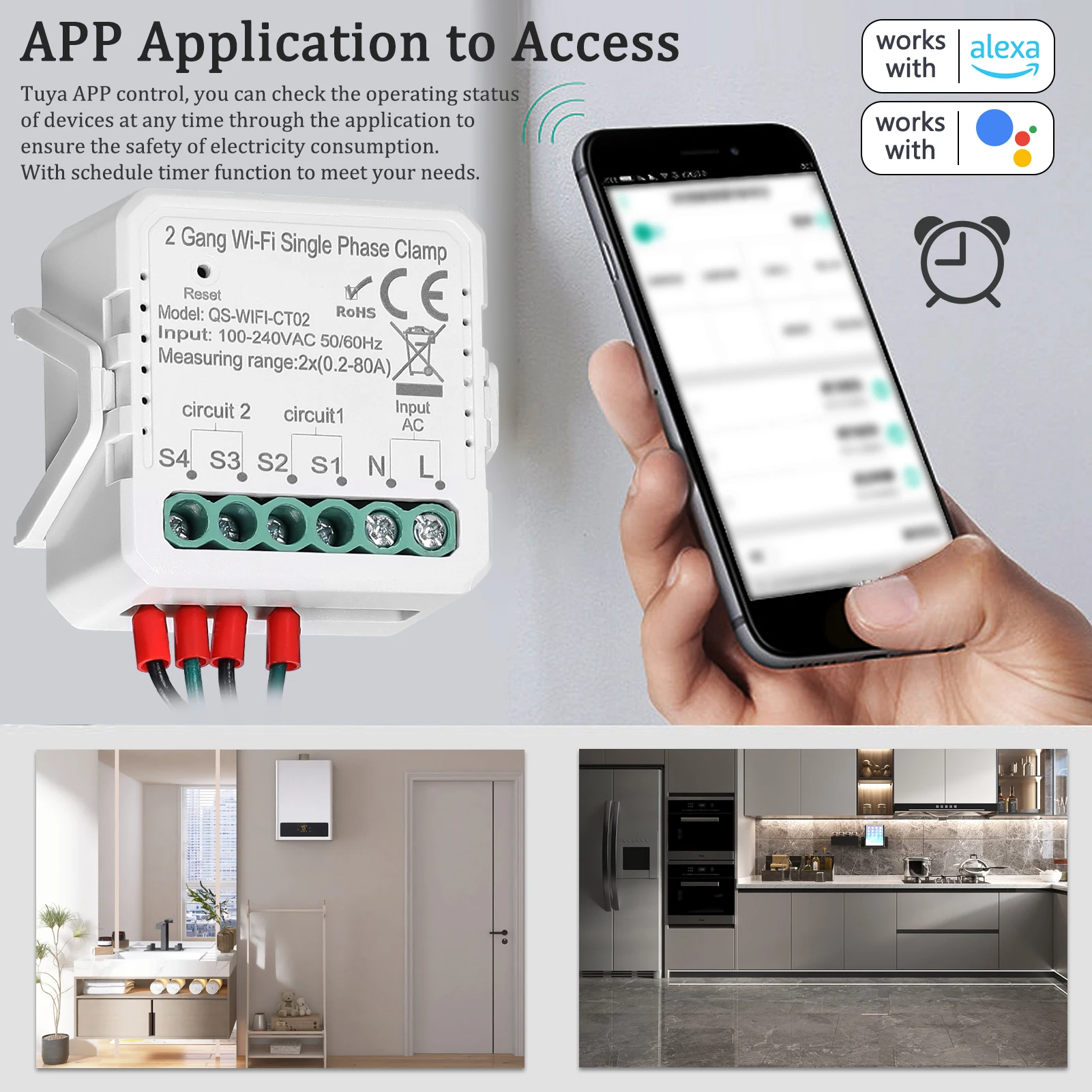 Tuya WiFi 2 Gang 80A Single Phase Clamp Solar PV Bidirectional Two Way Energy Meter APP Control Automation Current Transformer