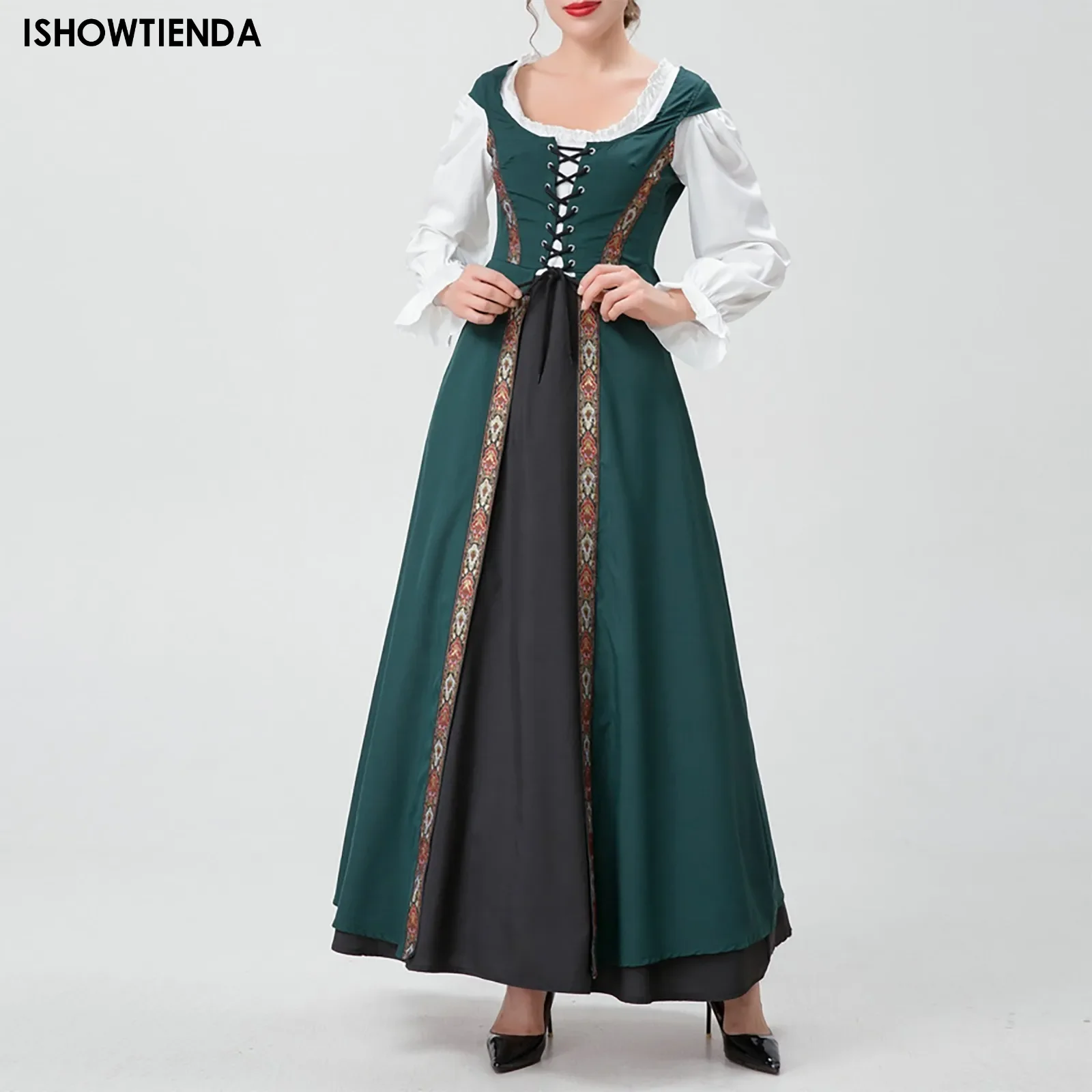 

Helloween Dress Medieval Retro Contrasting Slim Fitting Skirt With Long Sleeves Large Swing Skirt One Shoulder Dress Girl Costum