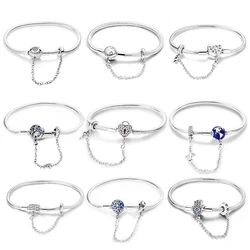17-20CM 925 Silver Pink Heart Lock Aircraft Earth Bracelet With Safety Chain Fit DIY Charms Beads Fine Birthday Jewelry