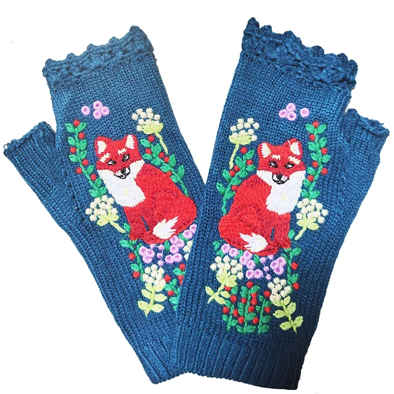 Fashion Women\'s Autumn Knitted Handmade Embroidery Gloves Embroidered Fox Flowers Mid Long Half Finger Warm Wool Winter Gloves