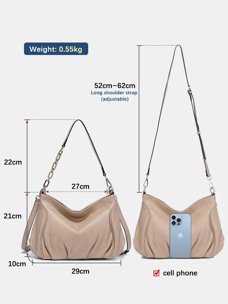 Zency Women Designer Chain Handbags Ruched Shoulder Bags Soft Leather Large Hobo Bags Cross body For Commuter OL Shopper