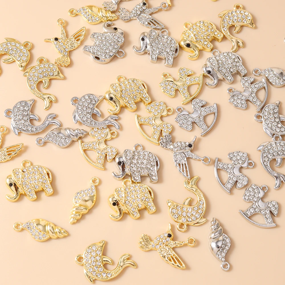 Leslie 10 Stück Gold- und Silberfarbene Kristall-Muschel-, Vogel-, Delfin- und Elefanten-Anhänger für Ohrringe, Halsketten und Handgemachten Schmuck – Detail 3