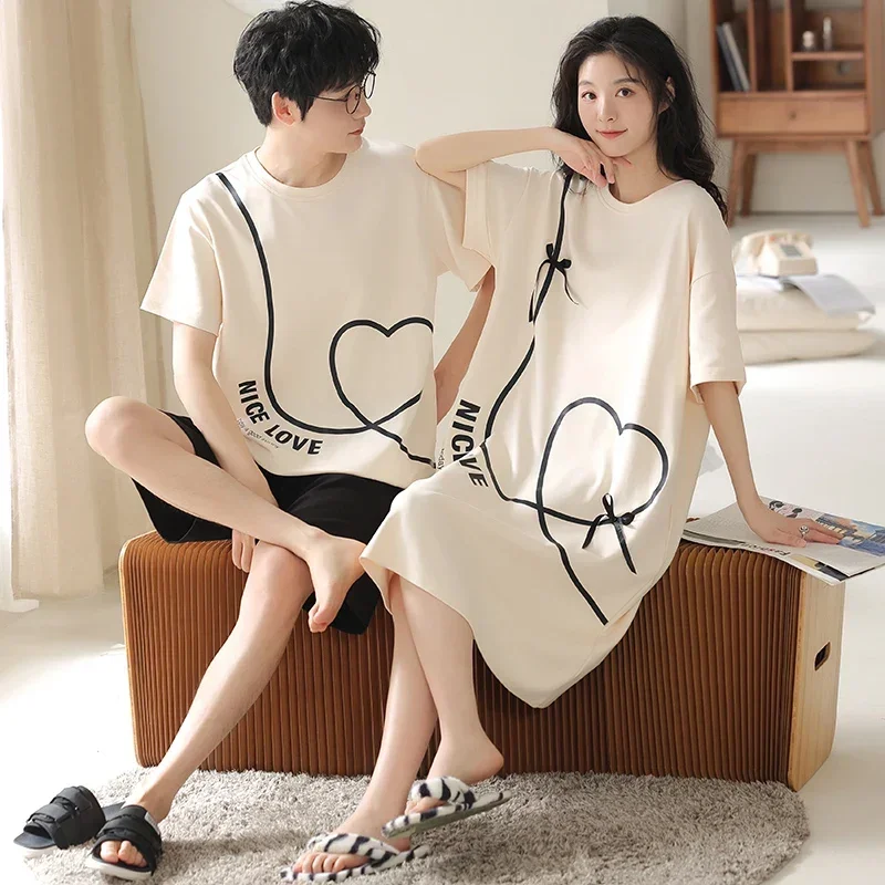 Summer Couple Pajama Sets 100%Cotton Men Short Sleeve Pyjamas Sexy Women Nightgown