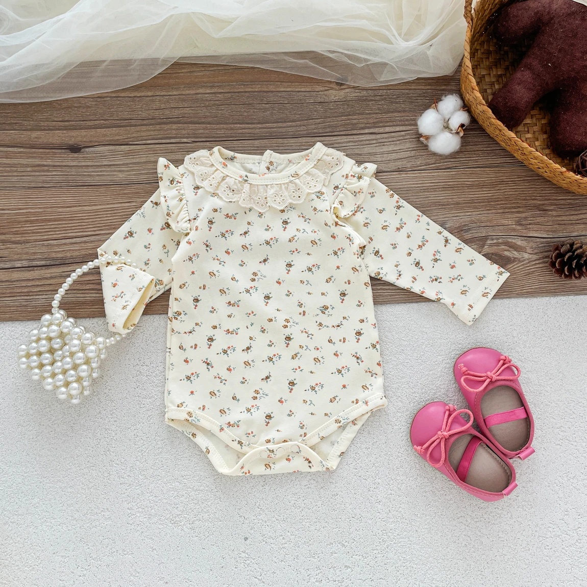 Spring and Autumn Baby\'s Cotton Floral Long-sleeved Dress Lace Doll Collar Fresh Style Baby Girl\'s Suit