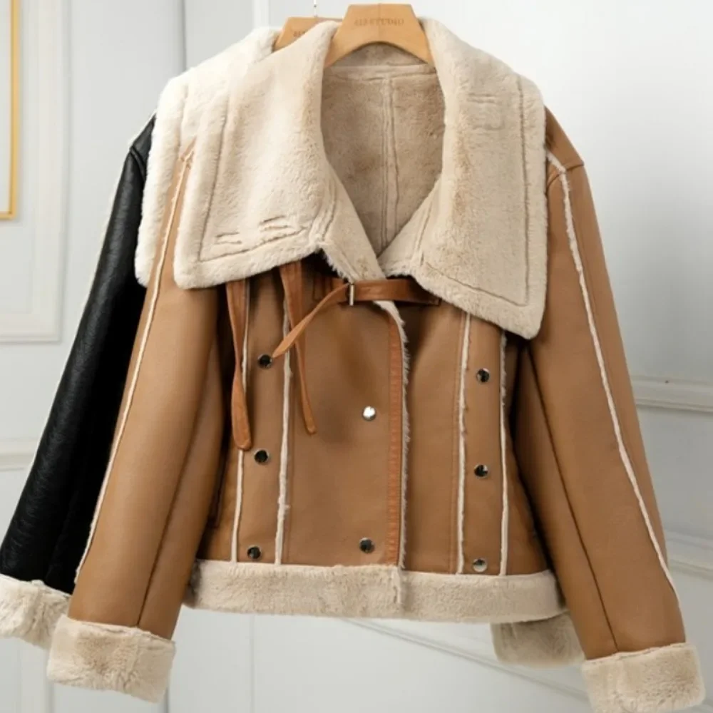 2024 New Winter Cashmere Thickened Loose Lamb Coat Female Fur One Fried Street Motorcycle  Leather  High Street   Office Lady