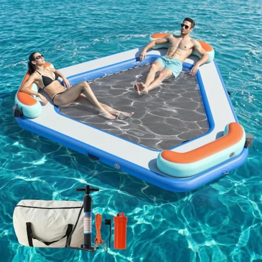 

Inflatable Water Hammock Float for lake and pool use, heavy duty PVC material, blue color, soft ladder, cup holders and mat cen