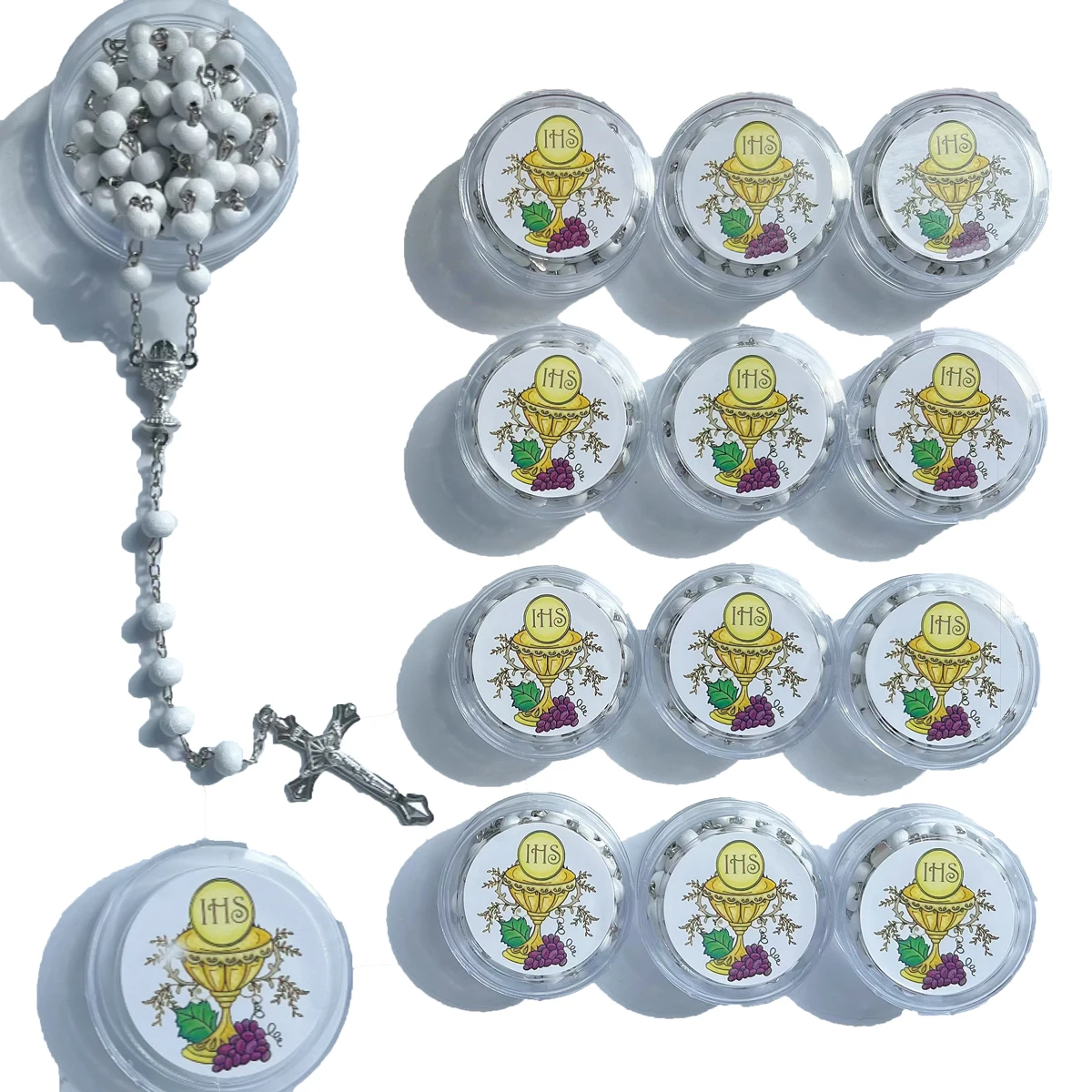 12 Pieces/Set Of White Scented Wooden Roses Bible Prayer Beads Necklace Gift Box First Communion Gift For Men and Women Parties