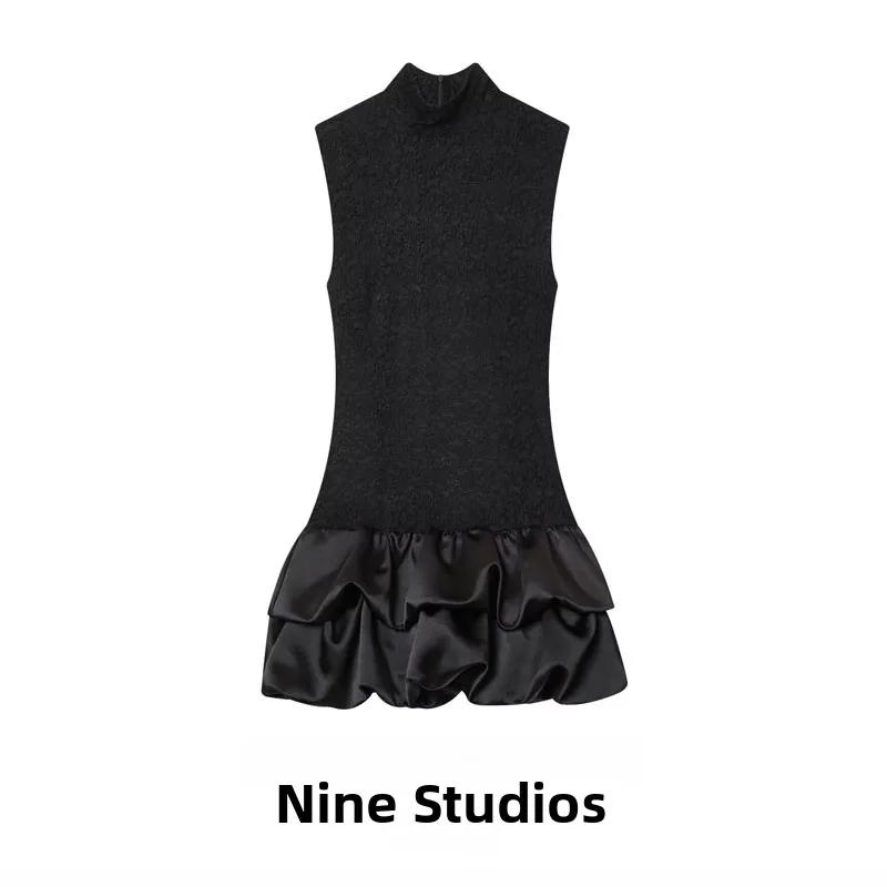 NINE ZAR 레이스 패널 숏 슬리브리스 드레스 하이 웨이스트 A라인 실루엣 캐주얼 얇은 폴리에스터 원단 지퍼 없음 스탠드 칼라