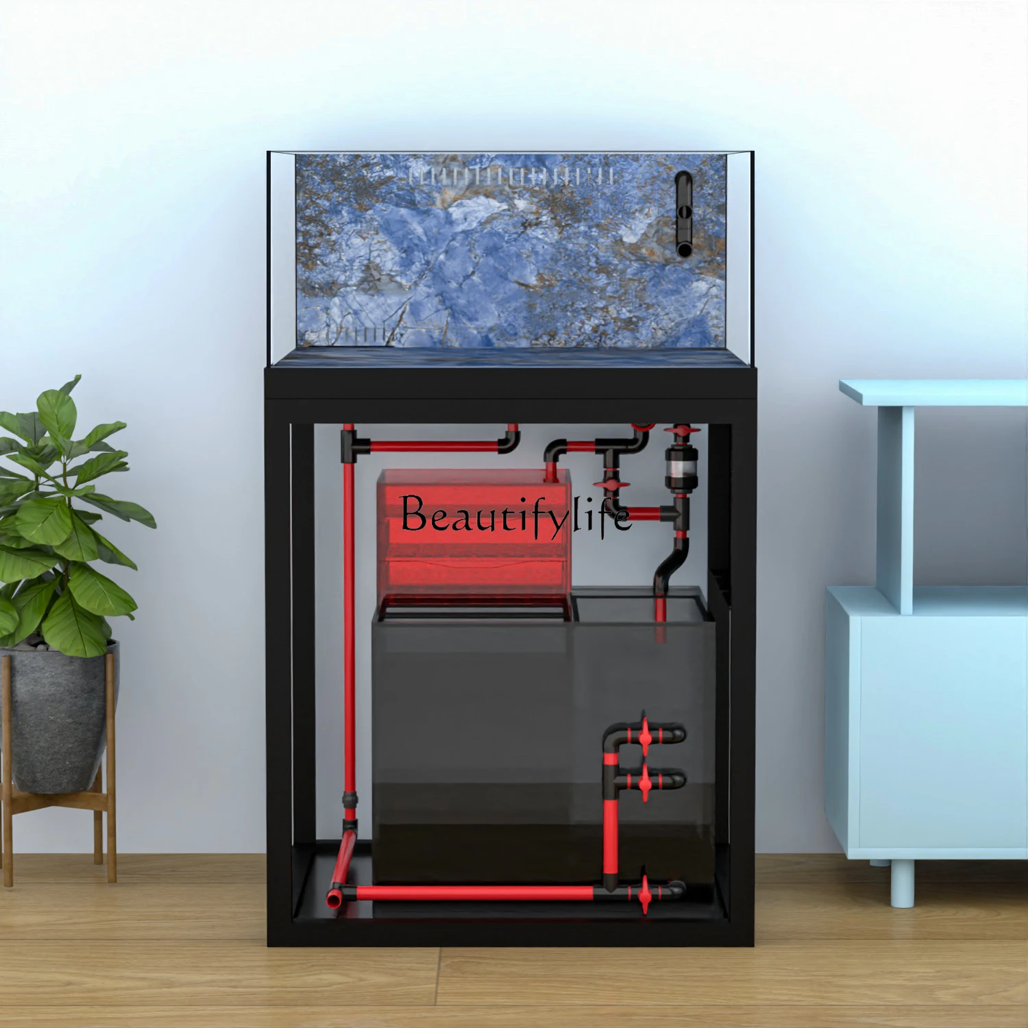 

*Aquarium industrial wind rock slab square cylinder five-wire ultra-white glass back overflow professional Lanshou goldfish tank