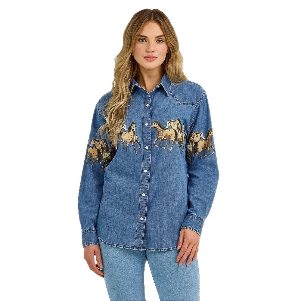 

Spring Women's Fashionable Denim Collared Shirt Retro Horse Print Design Street Style Loose Fit Long Sleeve 2026