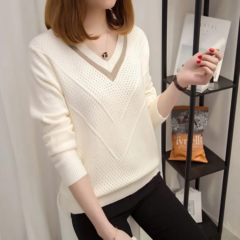 Core Yarn Spring And Autumn Knitwear Women Pullover Short Loose Large Size Sweater Thin Long Sleeve Bottom Hollow-out Shirt Top