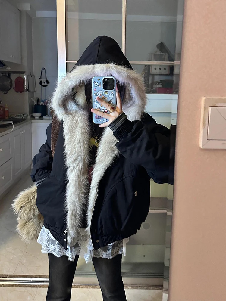 

American Sle Hooded Jaet Men Winter Thiened Cleanfit Sli Cotton Coat with Fur Collar Casual Loose Fit Teenagers