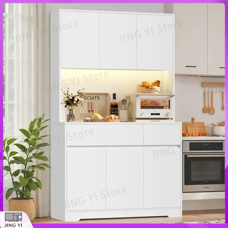 Tall Kitchen Cabinet 180cm LED Illuminated Sideboard with Power Outlet Storage Cupboard 6 Doors 2 Drawers Adjustable Shelves