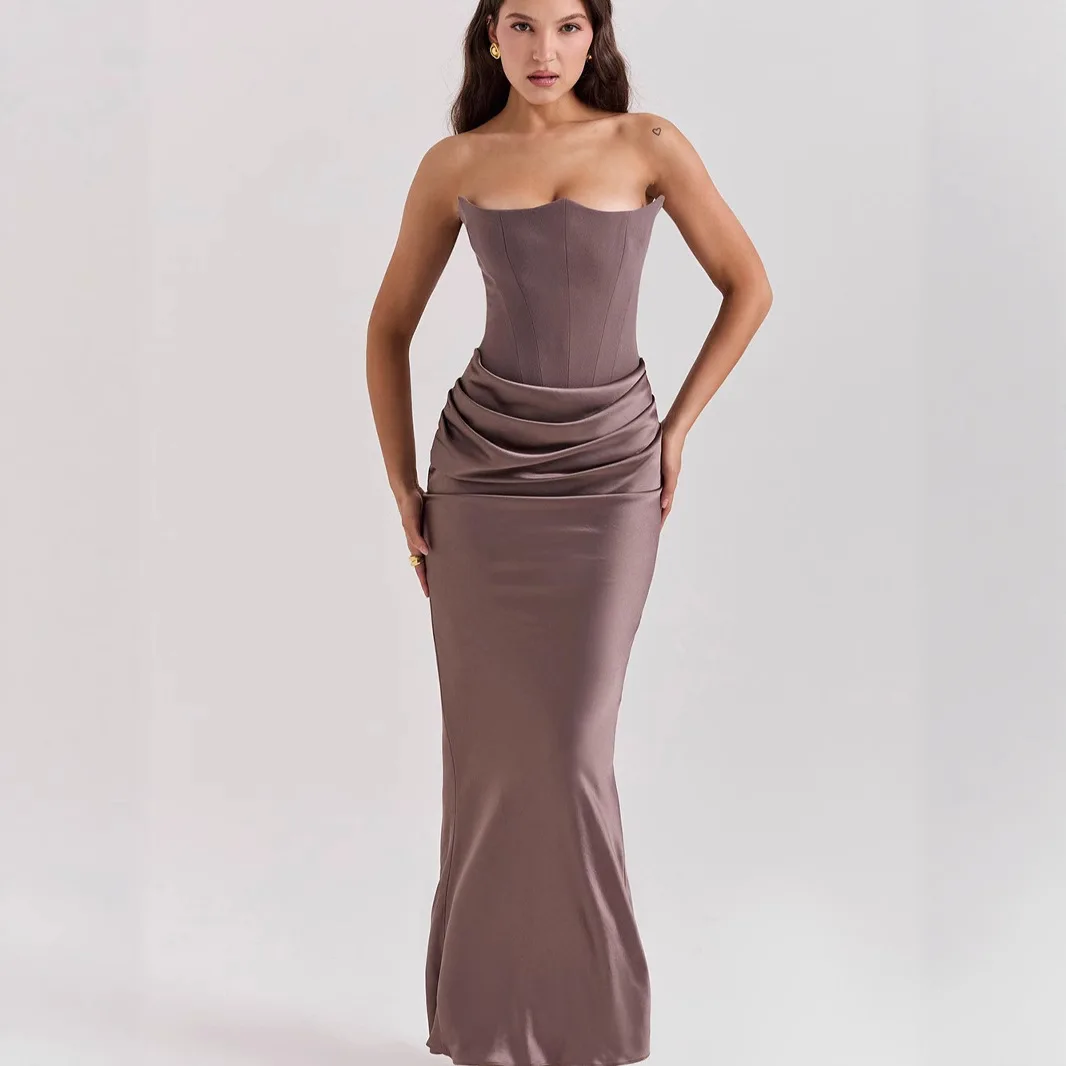 Abito lungo da donna sexy senza spalline in raso Abito lungo senza maniche nero a vita alta Abito estivo femminile skinny elegante Party Clubwear 2025 Vestido