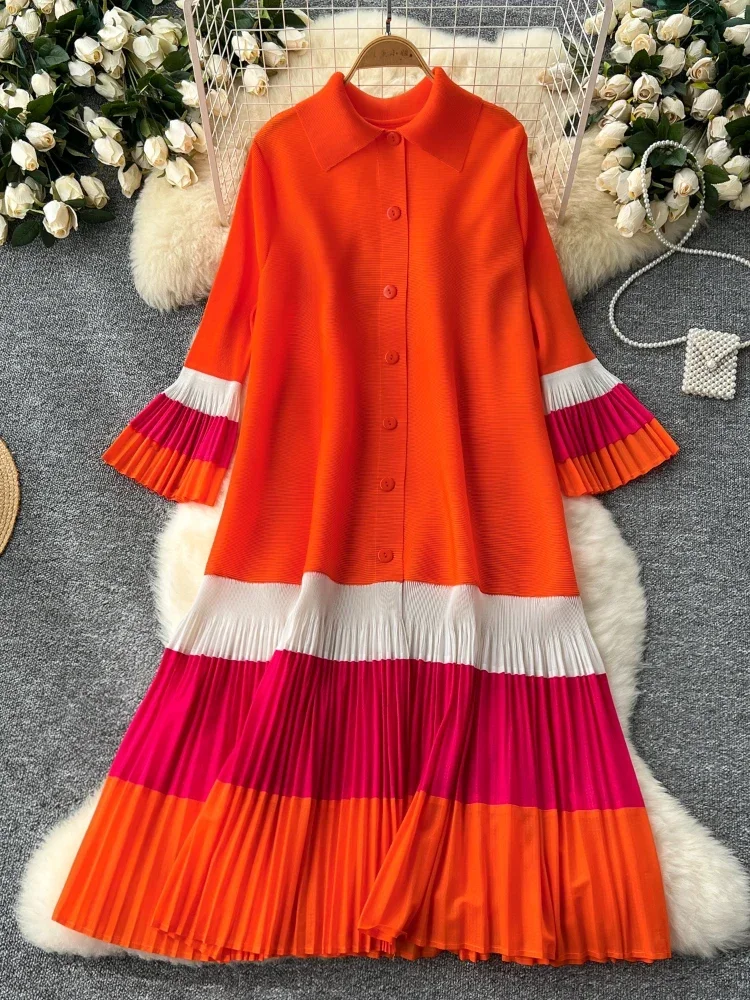 Autumn Casual Fashion Long Dress Women Polo Collar Single Breasted Splice Flared Sleeve Loose Dress Female Senior Holiday Clothe