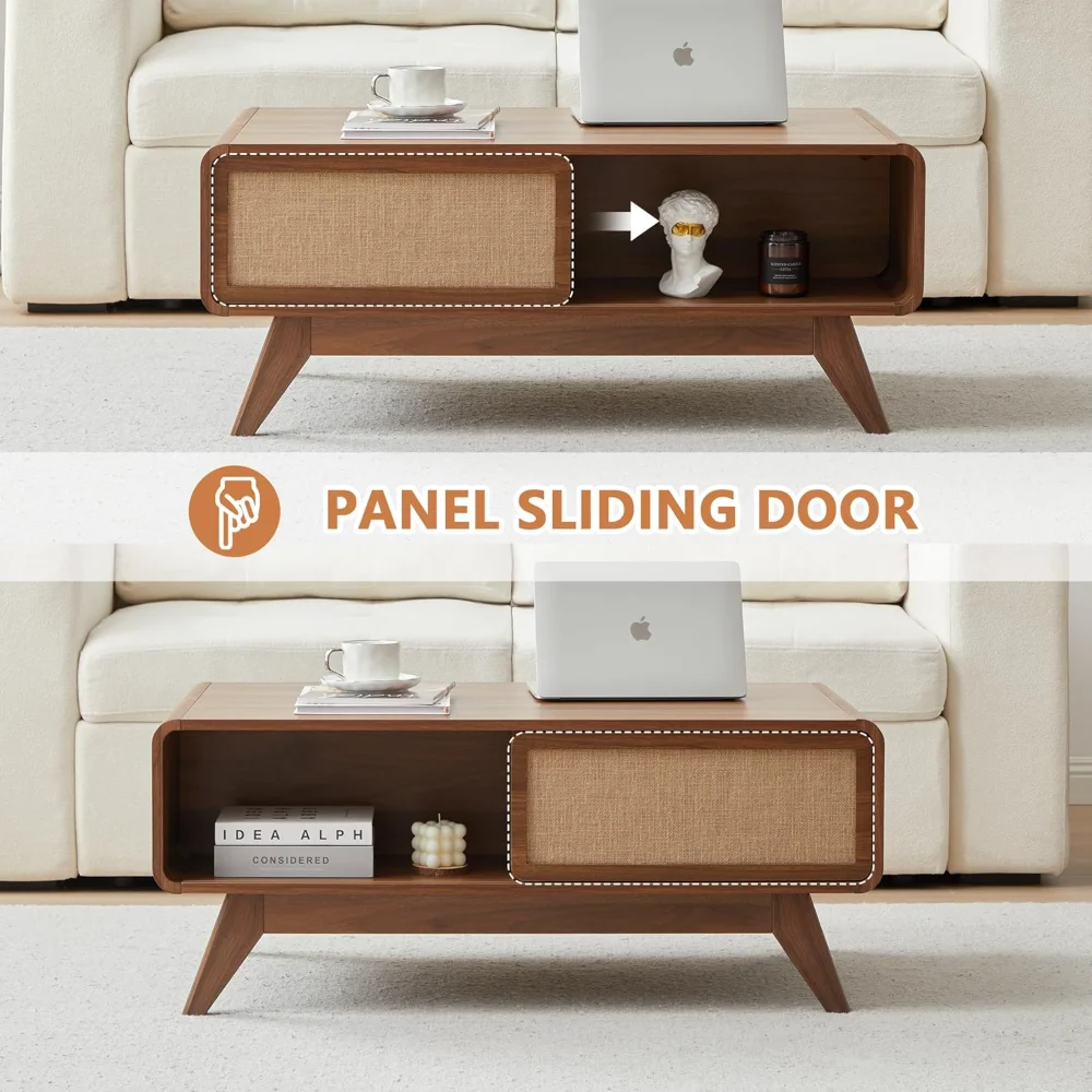 Mid-Century Modern Walnut Coffee Table -Curved Edge Wood Rectangle Center Table,Sliding Linen Door Storage for Living RoomOffice
