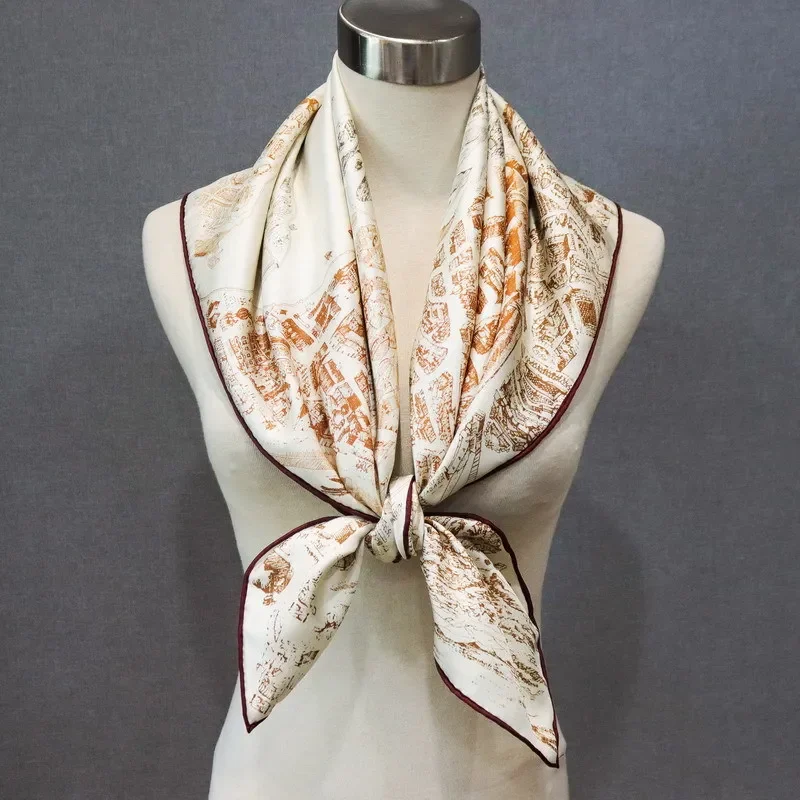 

High-end Elegant Women Exquisite Horse City Double-sided Print Quality 18MM Twill Silk Hand-rolled Edge Large Square Scarf Shawl