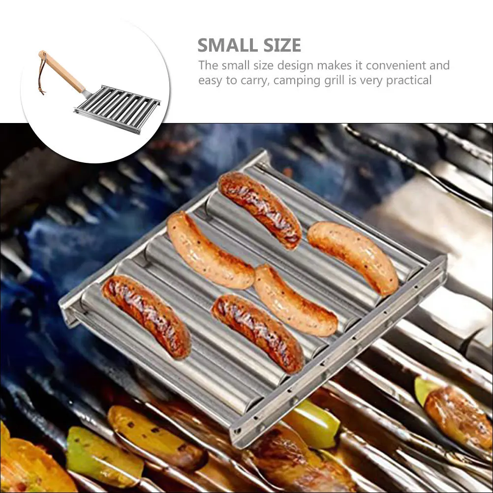 

Stainless Steel Sausage Roller Bbq Stand Outdoor Portable Wood Handle Camping Grill Rack Sausage Grill Rack Sturdy