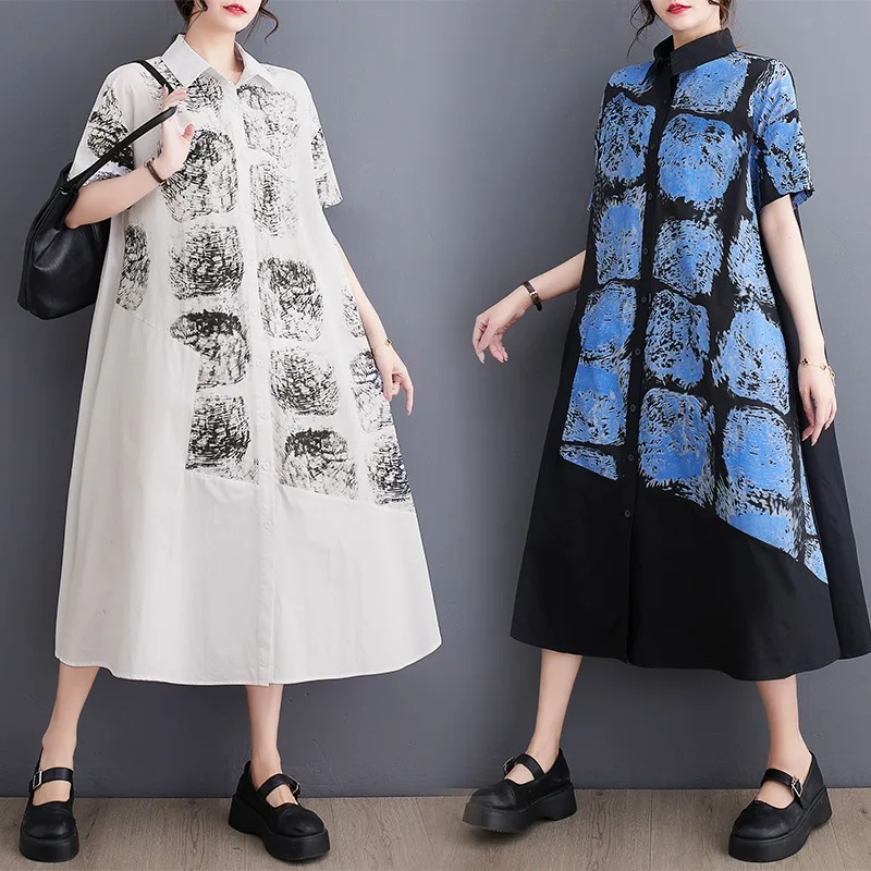 Zomer Koreaanse losse casual artistieke afslankende shirtjurk met kleurrijke mode-jurk met ijsblokprint