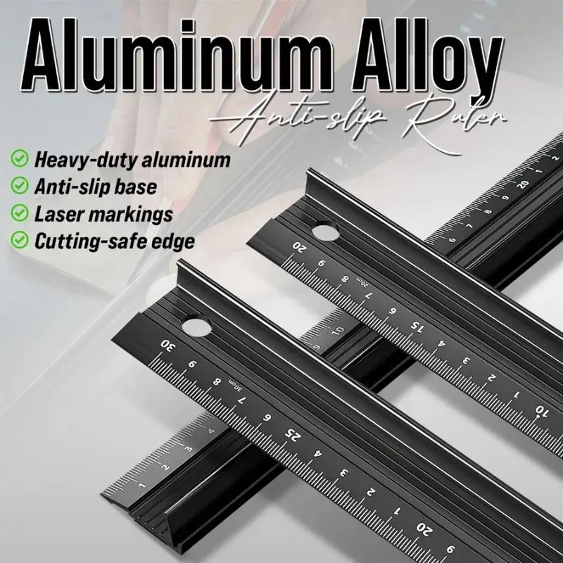.Hot-Non-Slip Metal Cutting Ruler Aluminum Alloy 20/30/45cm Multi-Functional for Acrylic Wood Cutting Marking Measuring Work