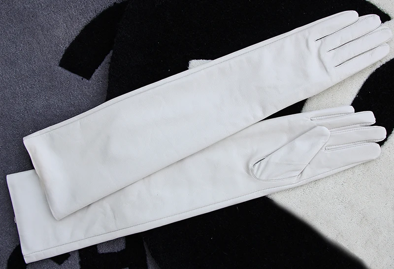 50cm New Genuine Leather White Women's High Grade Party Mittens Sheepskin Lady Winter Velvet long Gloves Creamy Ivory Snow White