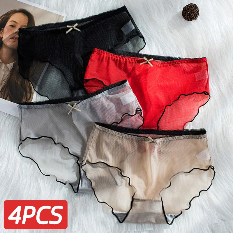 

4 Pcies/Set Women's Lace Underwear Women's Sexy Transparent Charming Underwear Mid-Waist Girls' Underwear Women's Pure Cotton Un