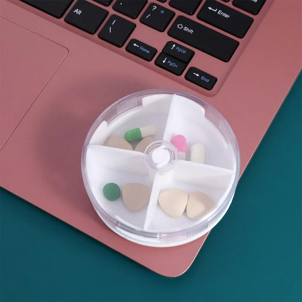 Medicine Container Plastic 4 Grids Pill Cases Round White Rotary Pill Case Moisture-proof Pill Storage Box Travel