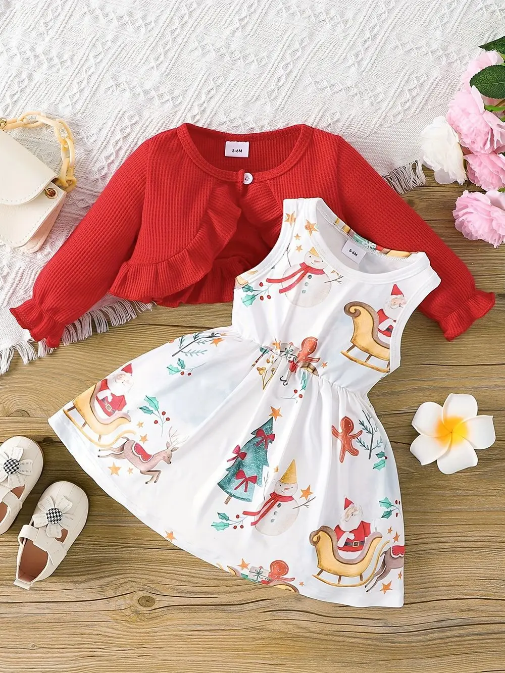 New Christmas style printed sleeveless dress for baby girls+red solid lace flared long sleeved jacket set