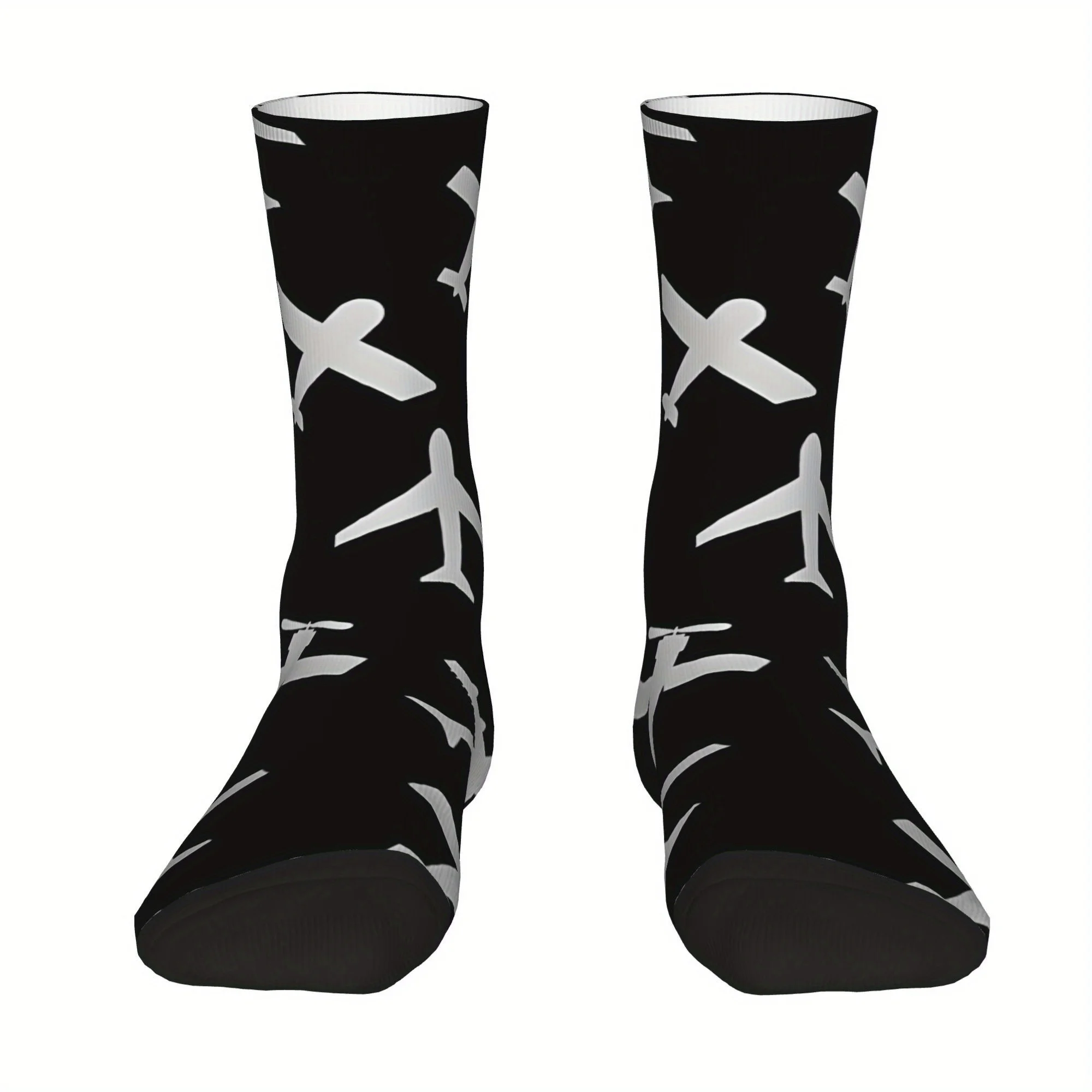 1 Pair Men'S Novelty Airplane Print Crew Socks, Polyester Blend (95% Polyester, 5% Elastane), Knit Fabric, Compression,